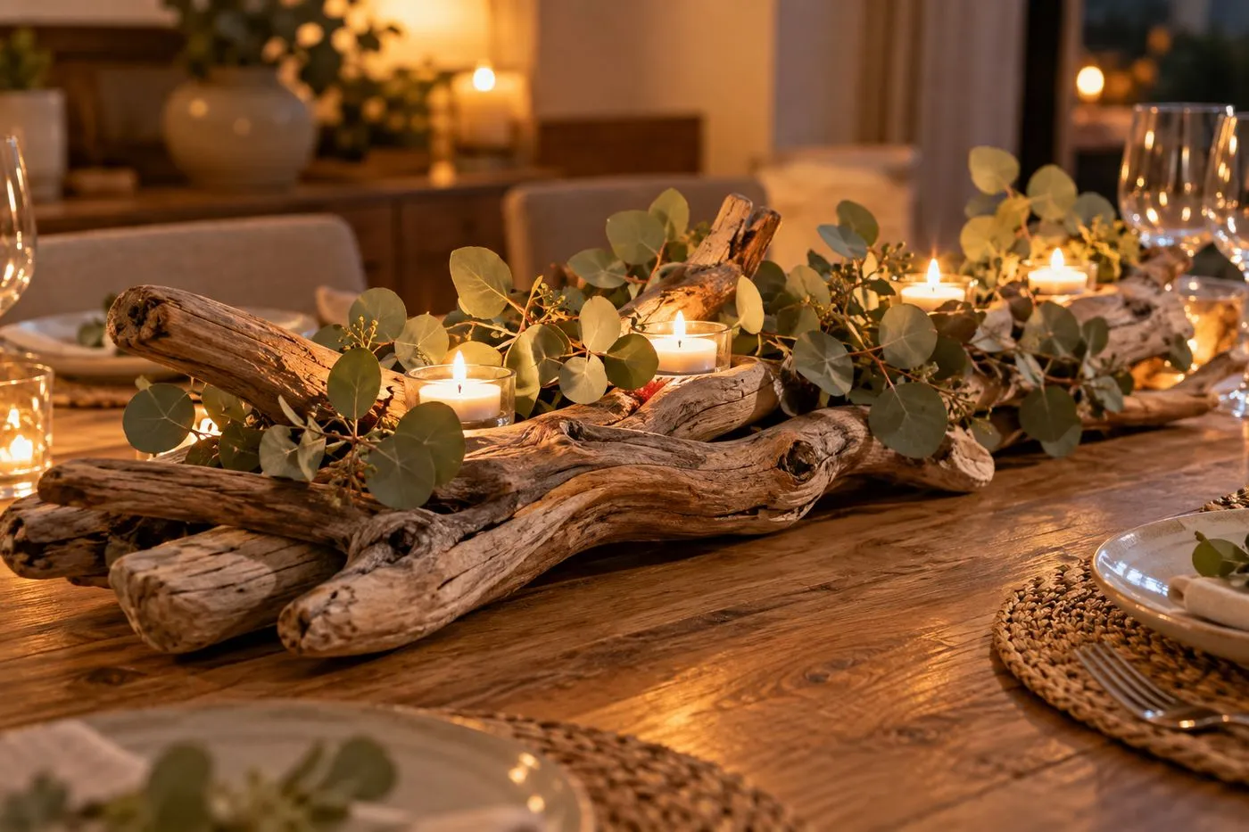 Centre de table en bois flotté garni de bougies chauffe-plat et de branches d'eucalyptus