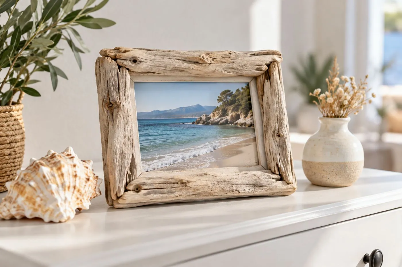 Cadre photo habillé de bois flotté posé sur une commode, avec une photo de plage