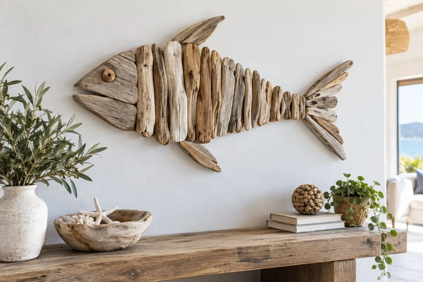 Décoration murale en forme de poisson assemblée avec des morceaux de bois flotté sur un mur blanc