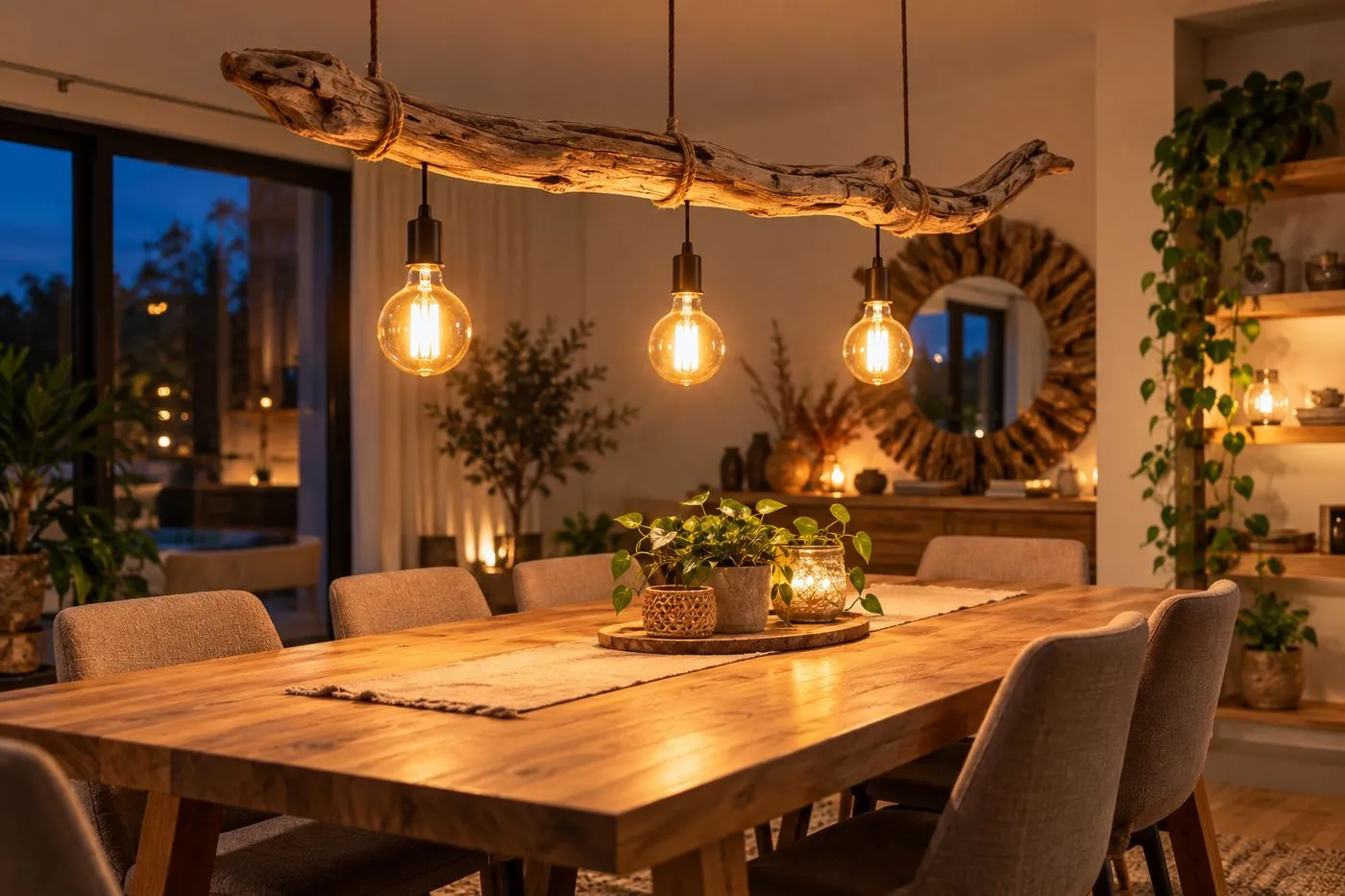 Suspension faite d'une longue branche de bois flotté portant trois ampoules au-dessus d'une table