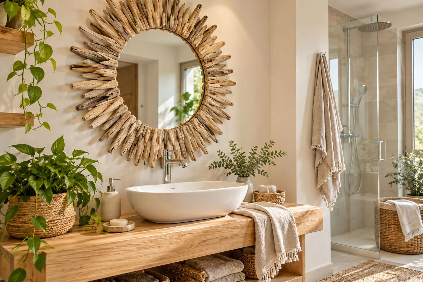 Miroir rond entouré de petits morceaux de bois flotté disposés en rayons au-dessus d'un lavabo