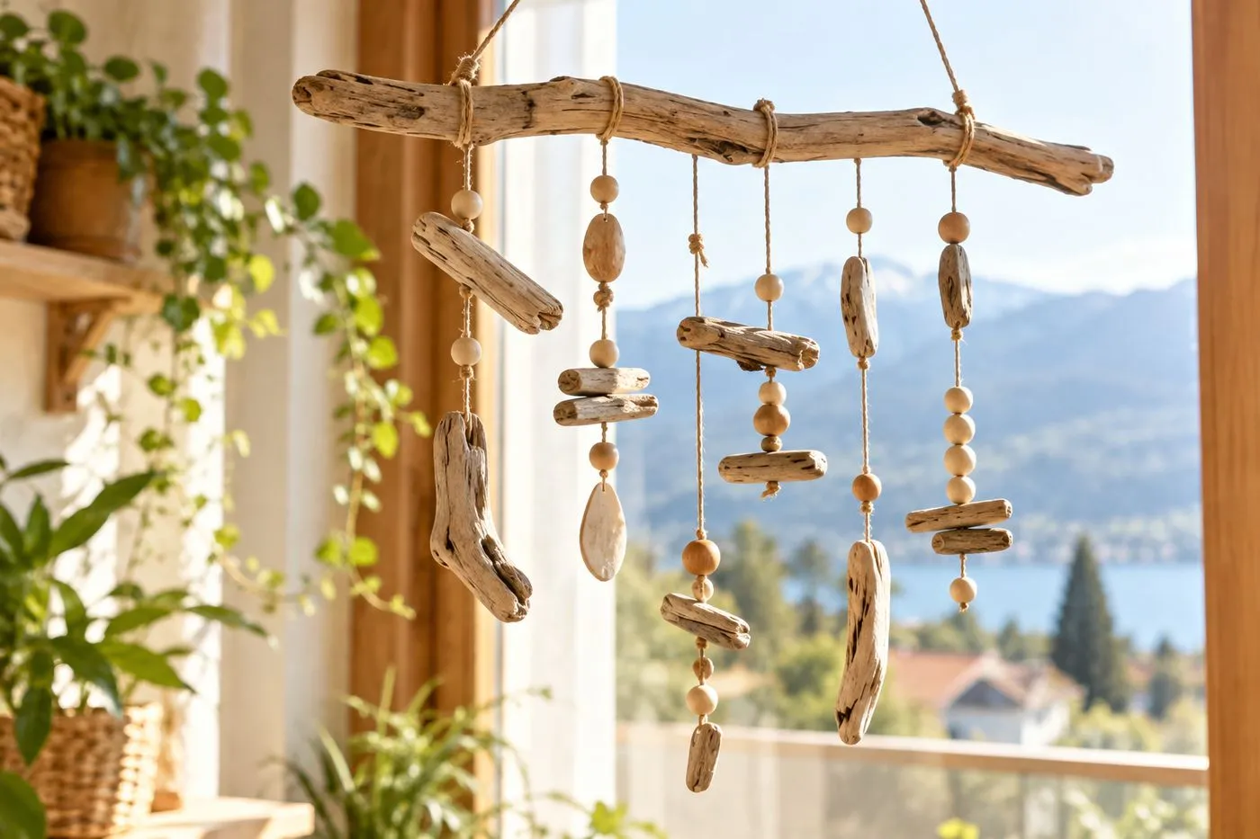 Mobile bohème en bois flotté avec perles en bois suspendu devant une fenêtre