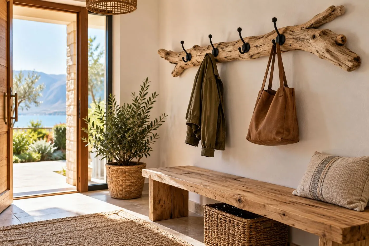 Porte-manteau en bois flotté avec patères en métal noir fixé au mur d'une entrée