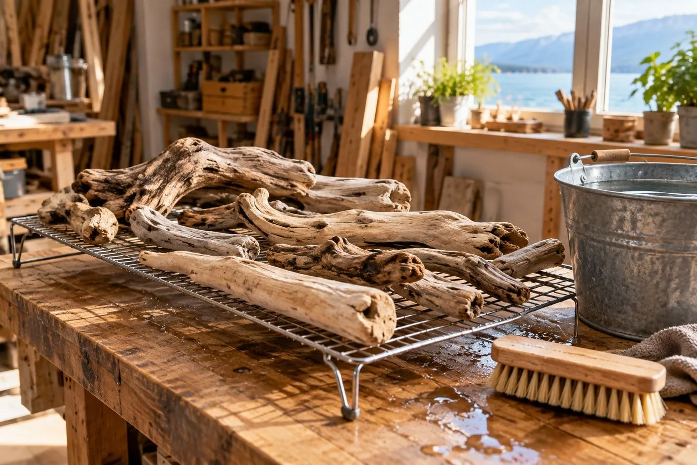 Morceaux de bois flotté brossés et posés à sécher sur une grille dans un atelier