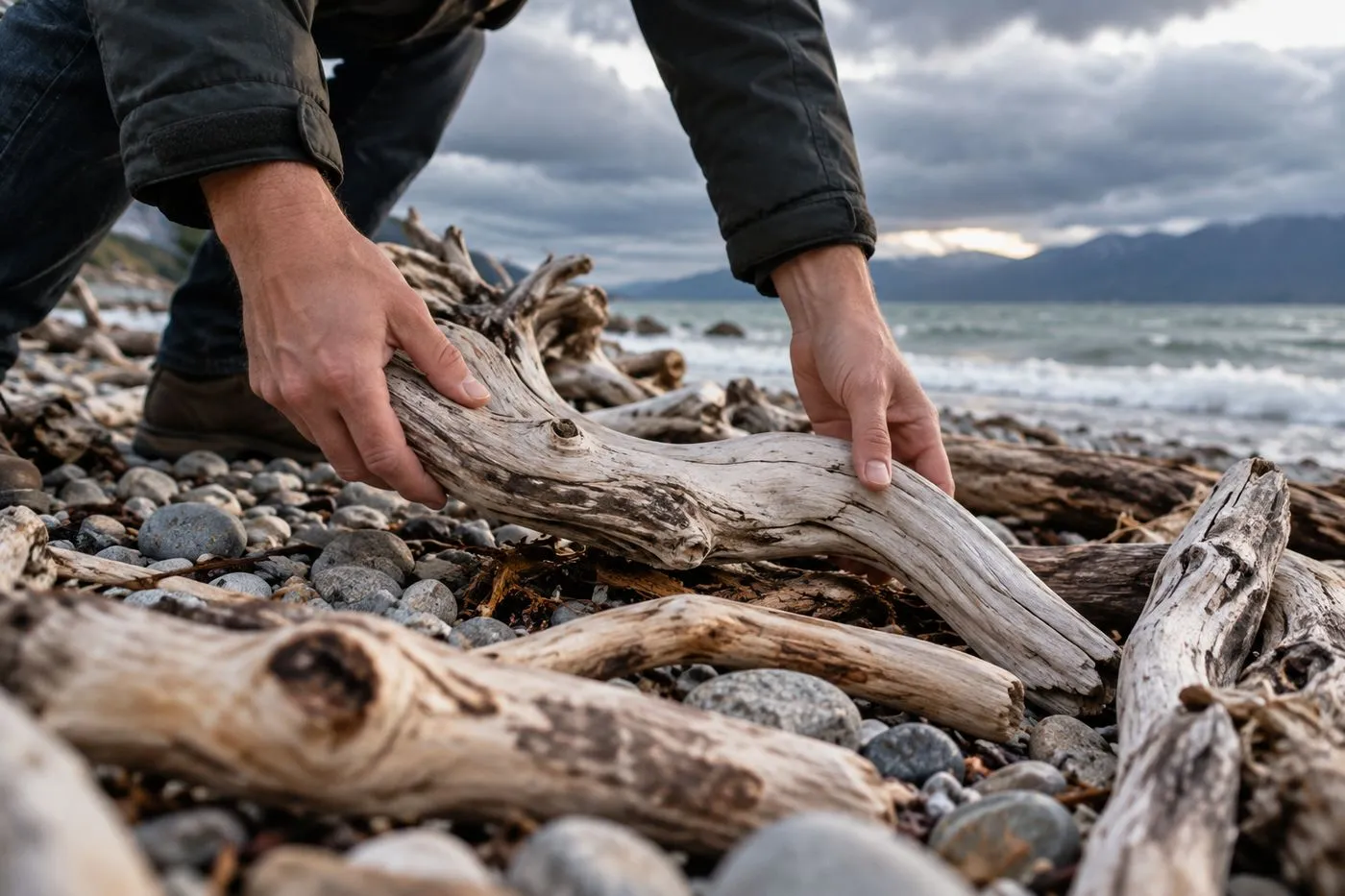 Mains ramassant des branches de bois flotté blanchies sur une plage de galets