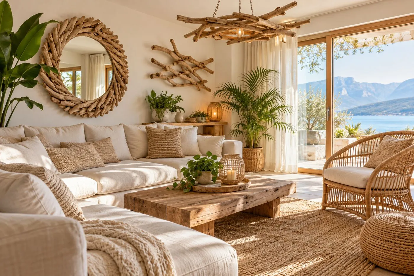 Salon bohème aux tons blanc et sable avec deux éléments décoratifs en bois flotté et des plantes vertes