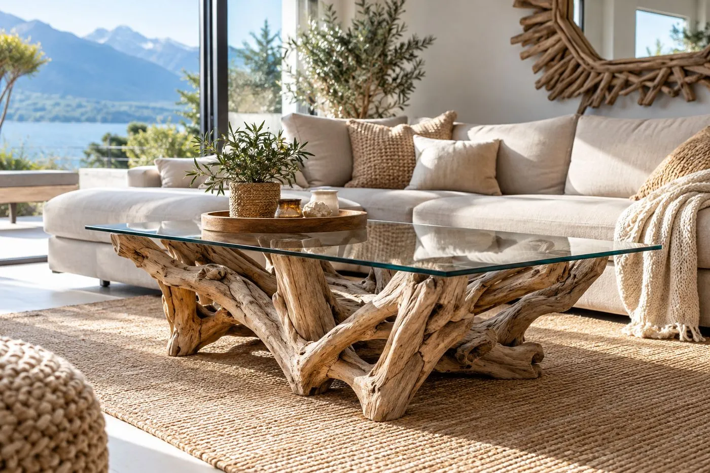 Table basse avec piètement en branches de bois flotté et plateau en verre dans un salon