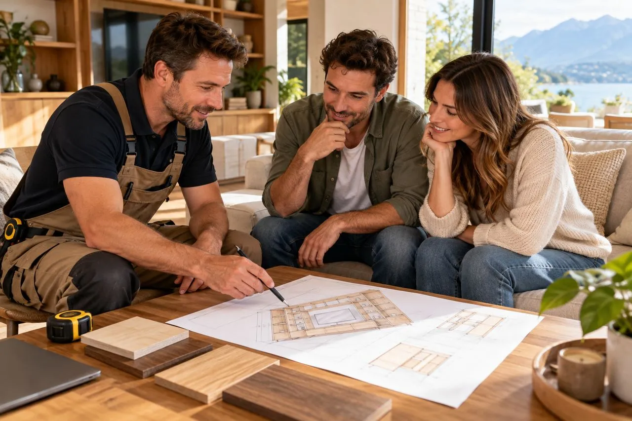Artisan menuisier présentant un plan de meuble à un couple de clients dans leur salon