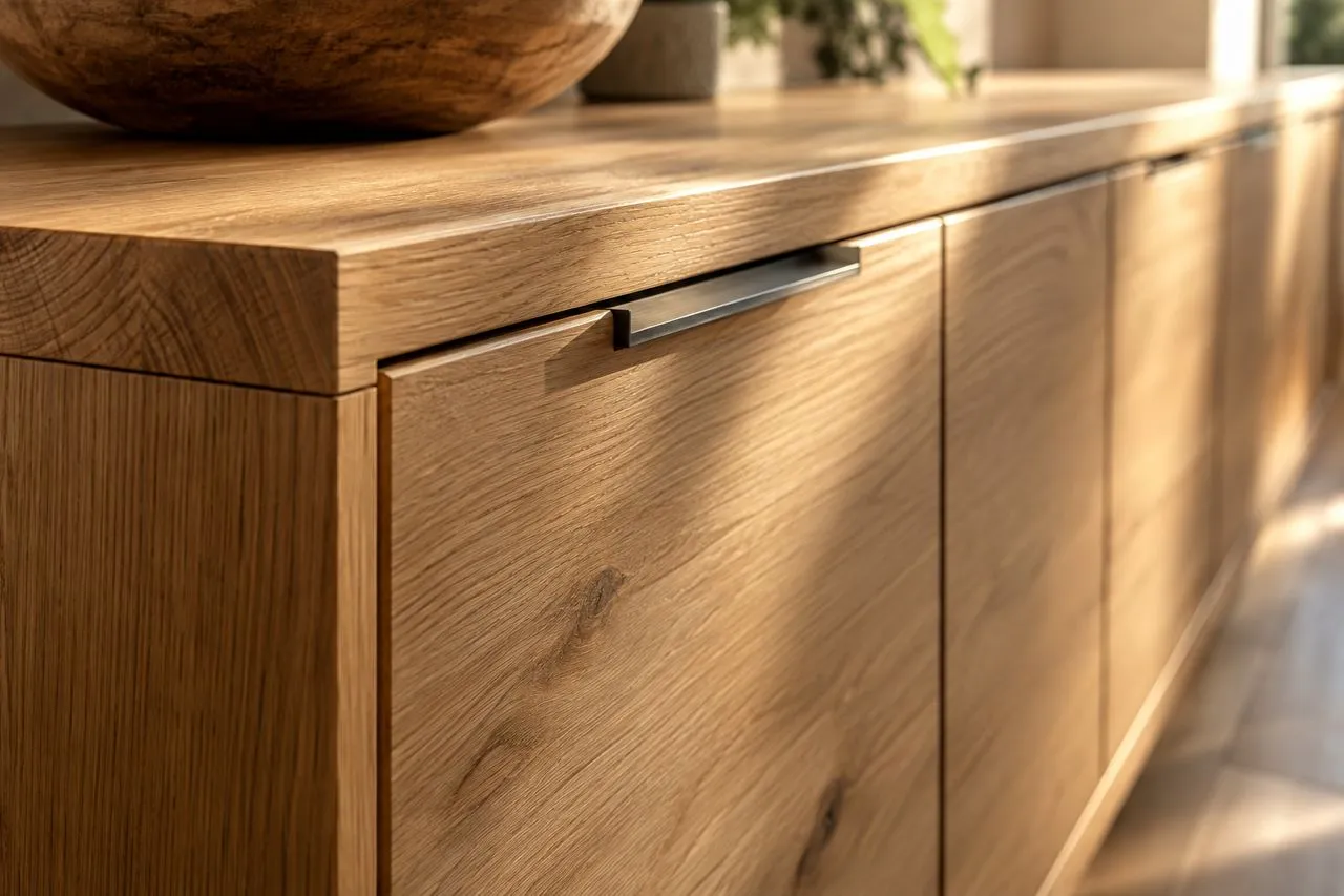 Gros plan sur les finitions d'un meuble en bois sur mesure : chants poncés et portes alignées
