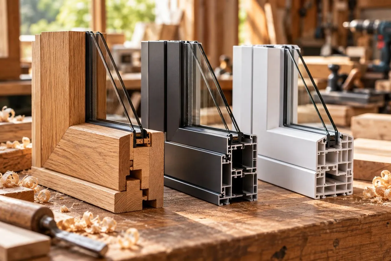 Échantillons de bois massif, d'aluminium et de PVC posés sur un établi de menuisier
