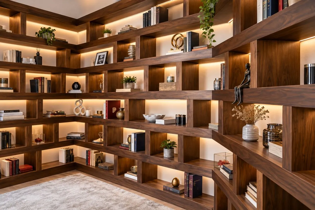 Bibliothèque murale en bois foncé avec étagères décalées, réalisée sur mesure