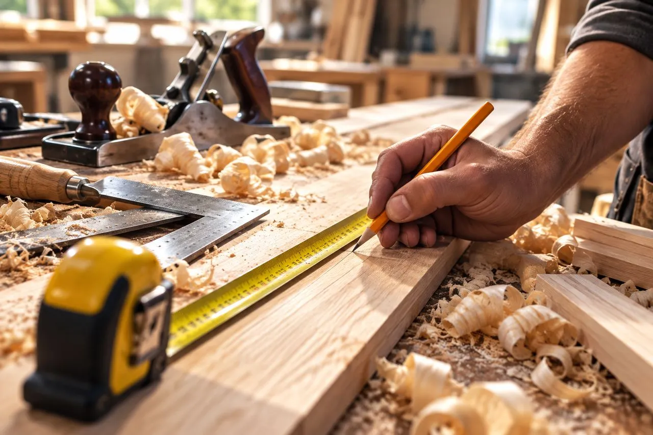 Menuisier traçant une mesure au crayon sur une planche de bois dans son atelier