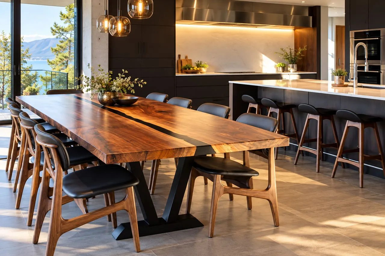 Grande table en bois massif aux bords naturels, réalisée sur mesure pour une cuisine ouverte
