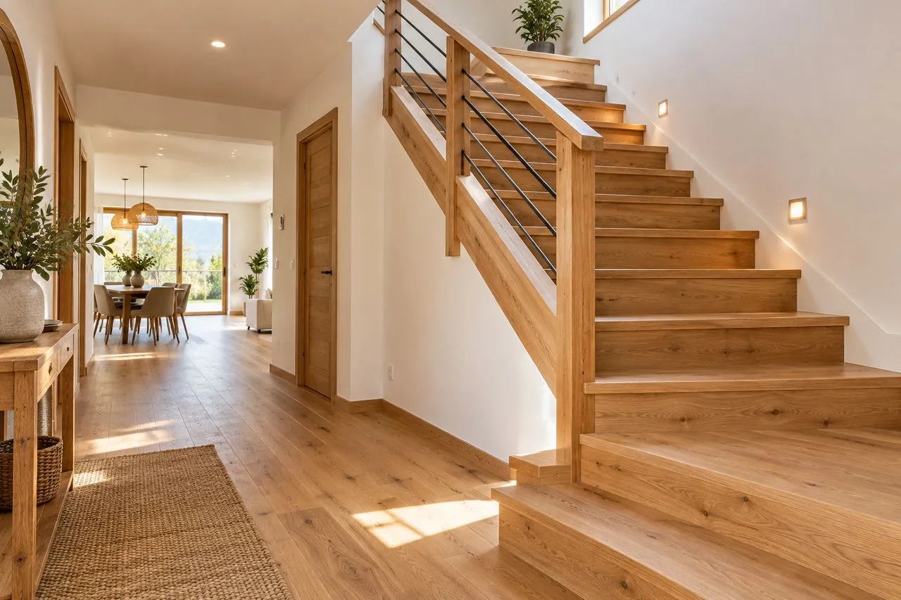 Escalier en bois massif et parquet en chêne dans une maison rénovée