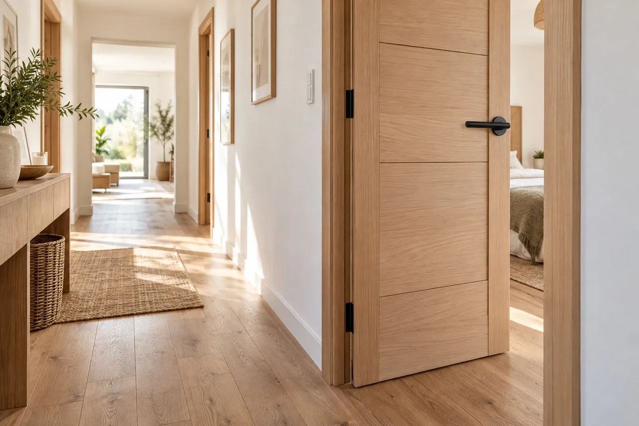 Porte intérieure en bois clair fraîchement posée dans un couloir lumineux