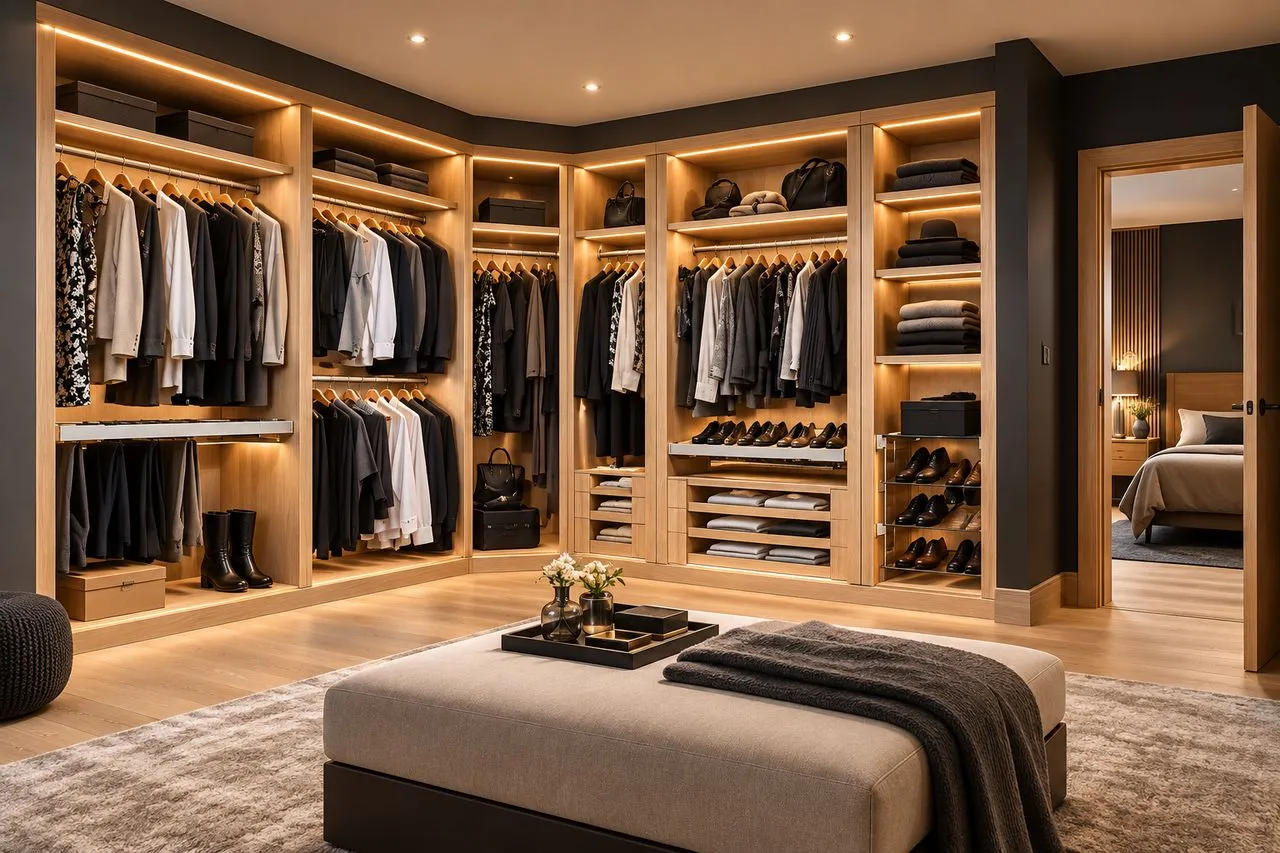 Dressing sur mesure en bois clair avec penderies, étagères et rangement à chaussures
