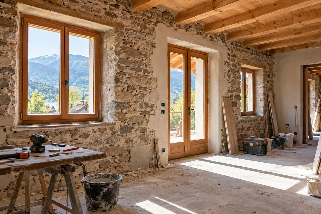 Pièce en cours de rénovation dans une maison ancienne de Haute-Savoie avec menuiseries en bois neuves